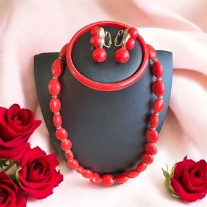Vintage Elegant Red Beaded Necklace and Earring Set